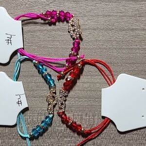 Pink, Blue & Red Beaded Bracelets with Gold Accents Set Of 3